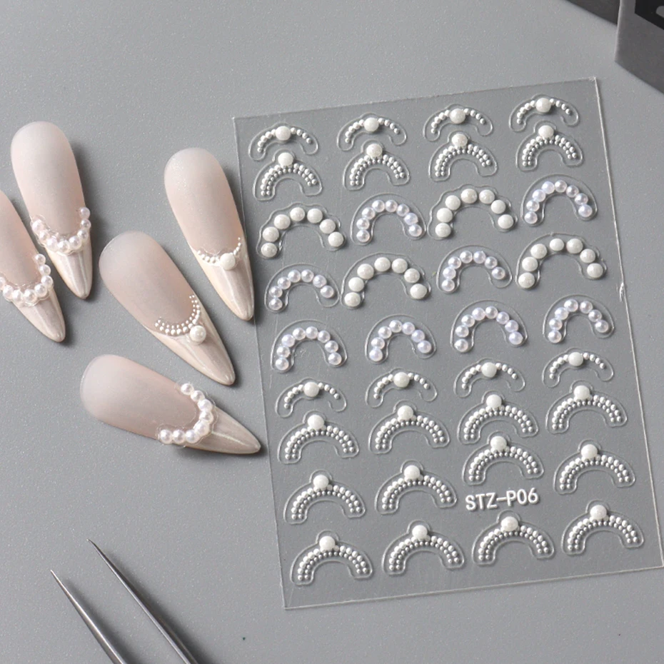 6pcs 화이트 5D 진주 보석 프랑스어 라인 네일 아트 스티커, 우아한 프랑스어 레이스 웨이브 라인 네일 데칼 Y2K 매니큐어 용품