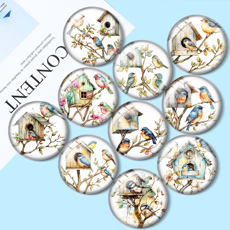 Watercolor Bird House  12/18/20/25mm glass cabochon  bracelet pendant rings for jewelry demo earrings back Making findings