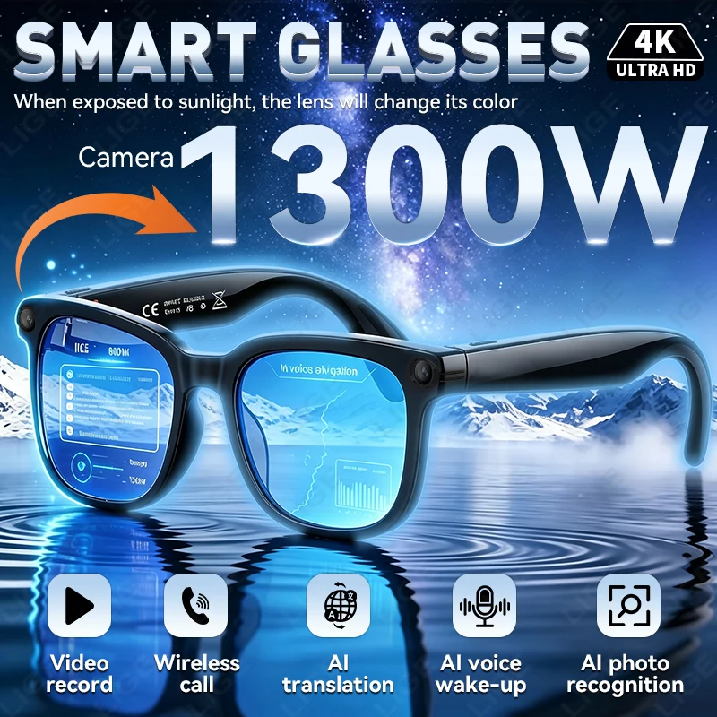 LIGE New 4K HD AI Camera Glasses 1300MP Photochromic Multifunctional Smart SunGlasses Bluetooth Call Photo Video AI Translation