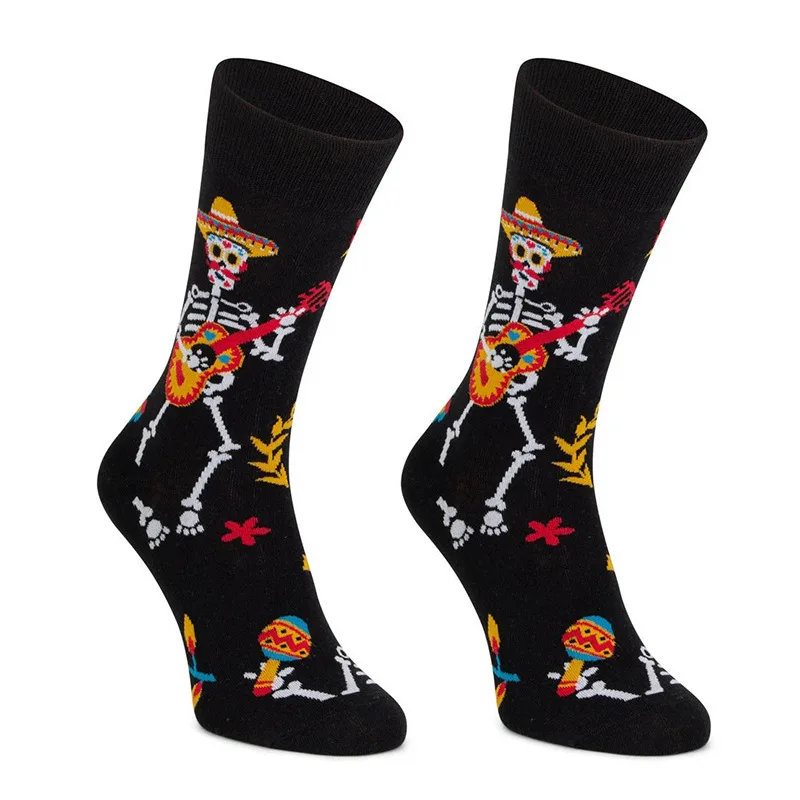 Sugar Skull Guitar Crew Socks Day Of The Dead Mexico Día de Muertos Colorful Skeleton Cotton Socks Unisex Women Men Couple Socks