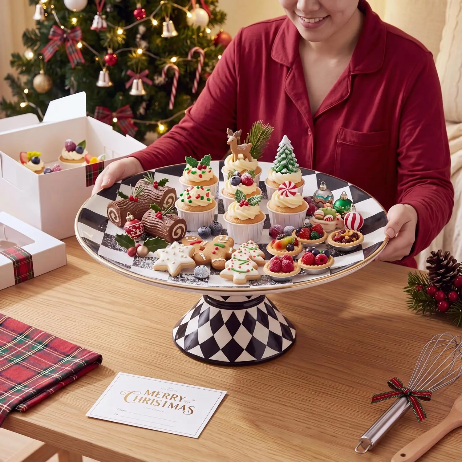 Checkered Ceramic Pedestal Cake Stand for Halloween Dessert Display