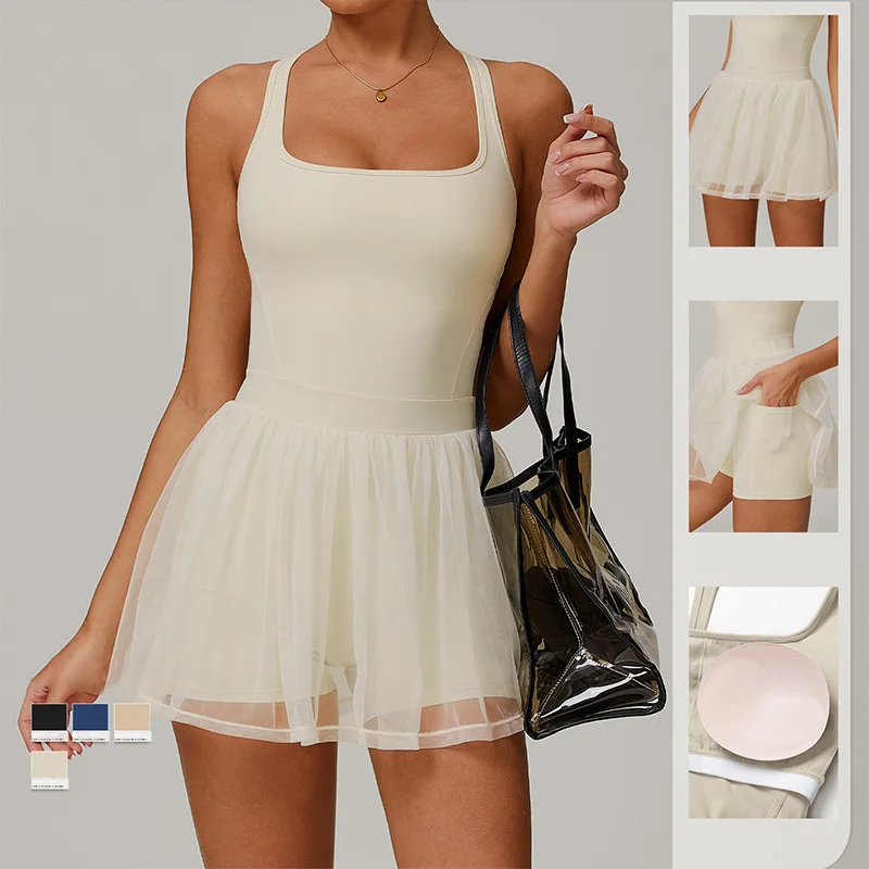 

Mesh Dress Breathable Quick Drying Double-layer Running Yoga Sports Short Skirt Elastic Tight Tennis Skirt Women's Clothing