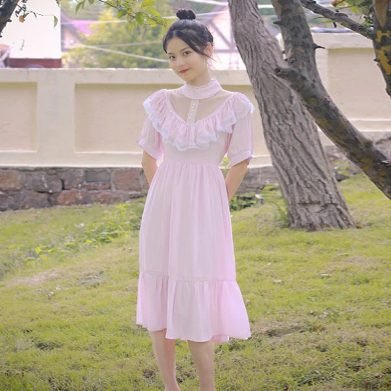 AnXin SH Vintage Prinzessin Chiffon weiße Blume Spitze O-Ausschnitt Kurzarm Perlen Knopf Rüschen Reißverschluss individuelles Abendkleid