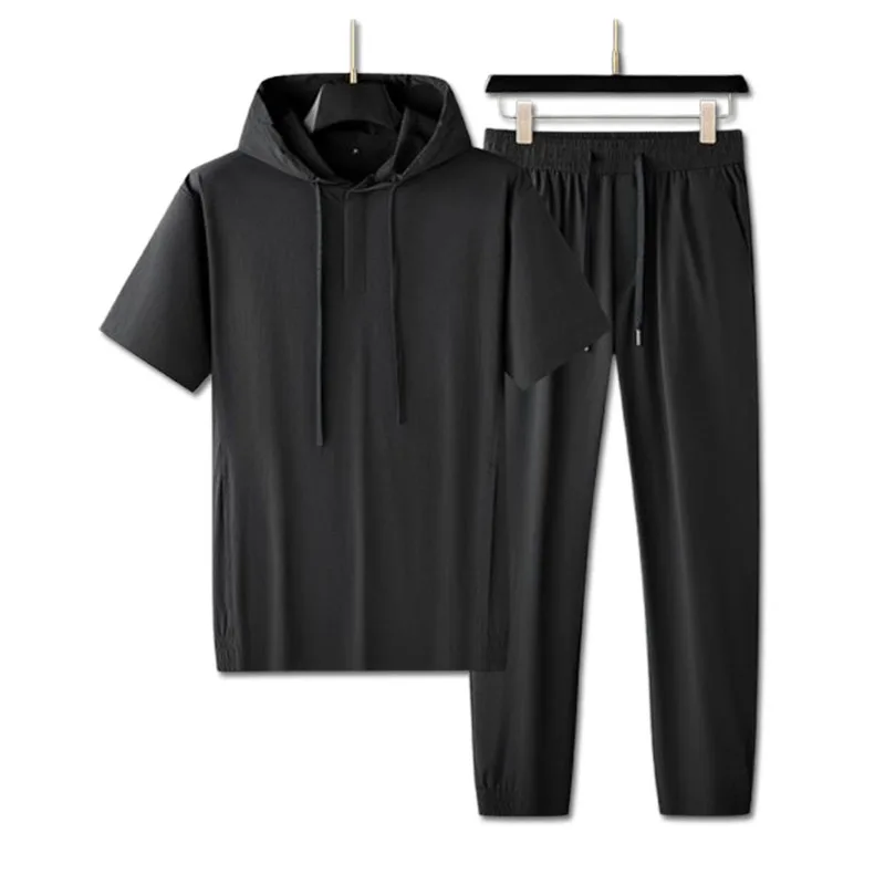 Ice silk quick drying ultra-thin high spring summer high-end male hooded short-sleeved leisure sports suit set