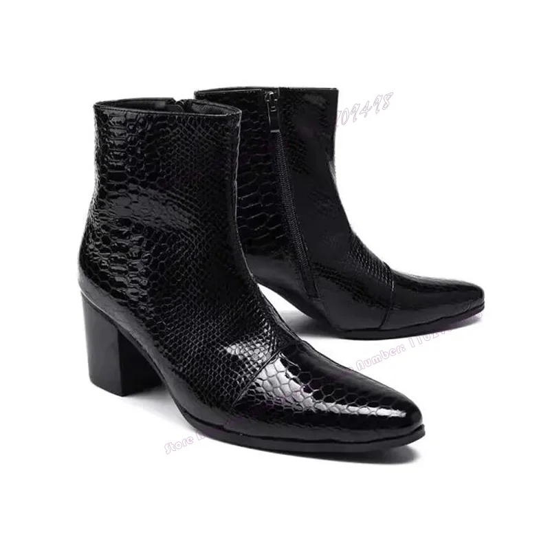 

Black Snakeskin Leather Men's Ankle Boots Pointy Toe Chunky High Heels Designer Chelsea Shoes Runway Casual Wedding Party Shoes