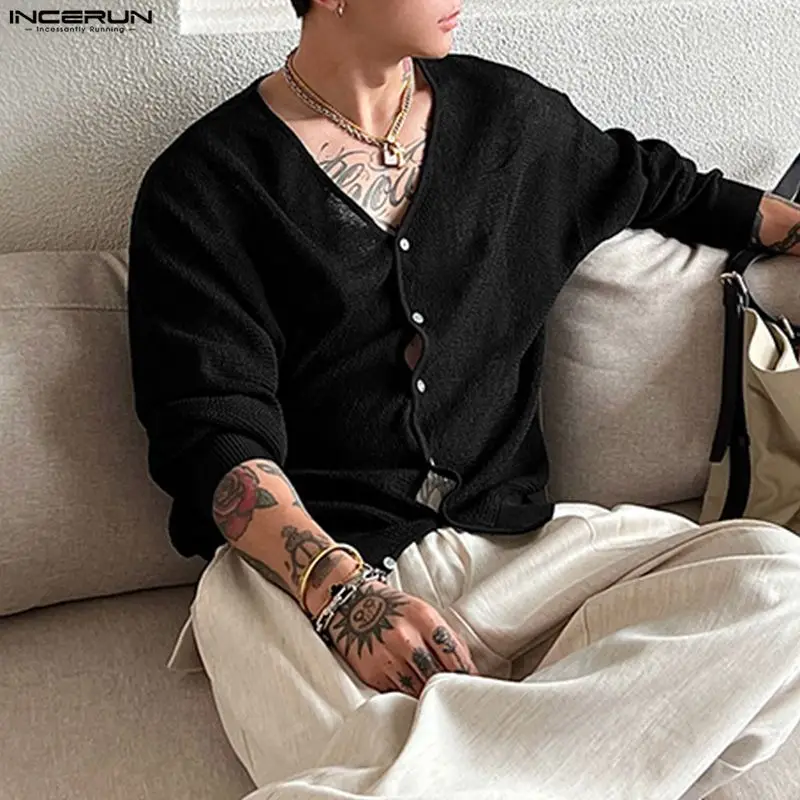 

INCERUN Men Cardigan Solid Knitted V Neck Long Sleeve Men Sweaters Streetwear Loose Korean Style Fashion Casual Men Clothing