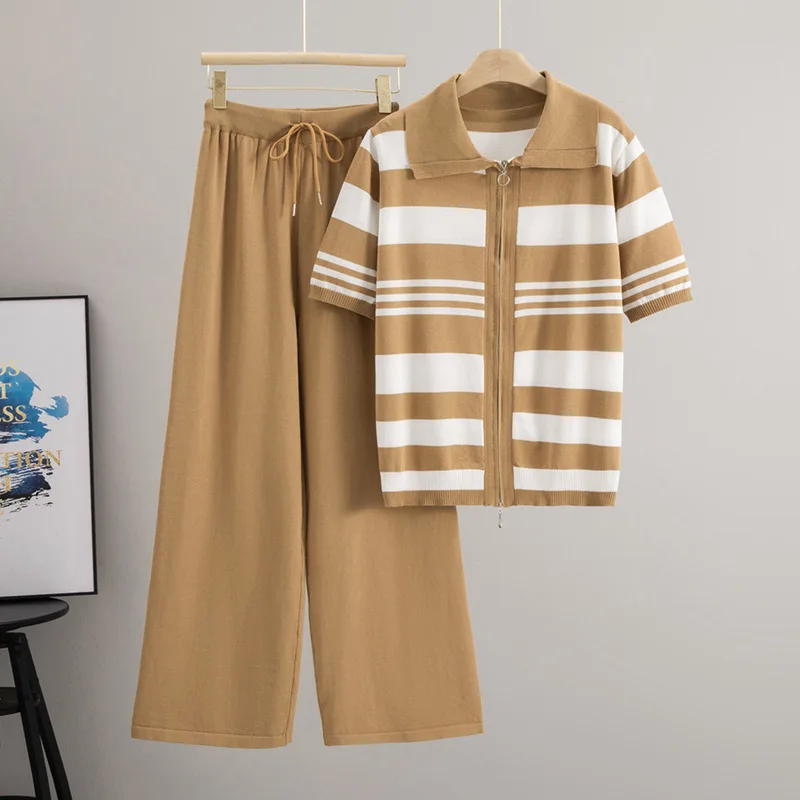 

Fashion Striped Cardigan Lapel Knitted Sweater Temperament Trousers Two-piece Set