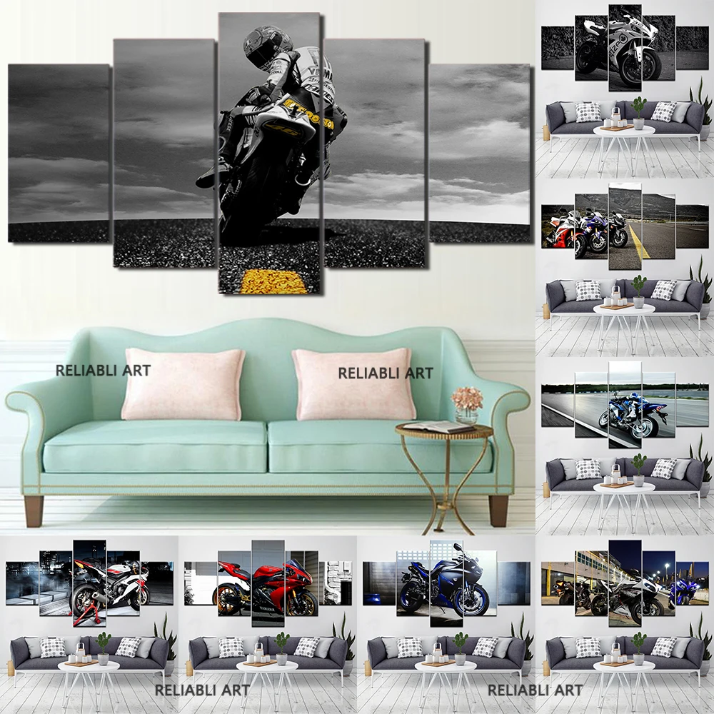 5 Panel Motorcycle Racing Canvas Painting Modern Wall Pictures Vintage Industrial Style Posters Prints for Living Room Decor