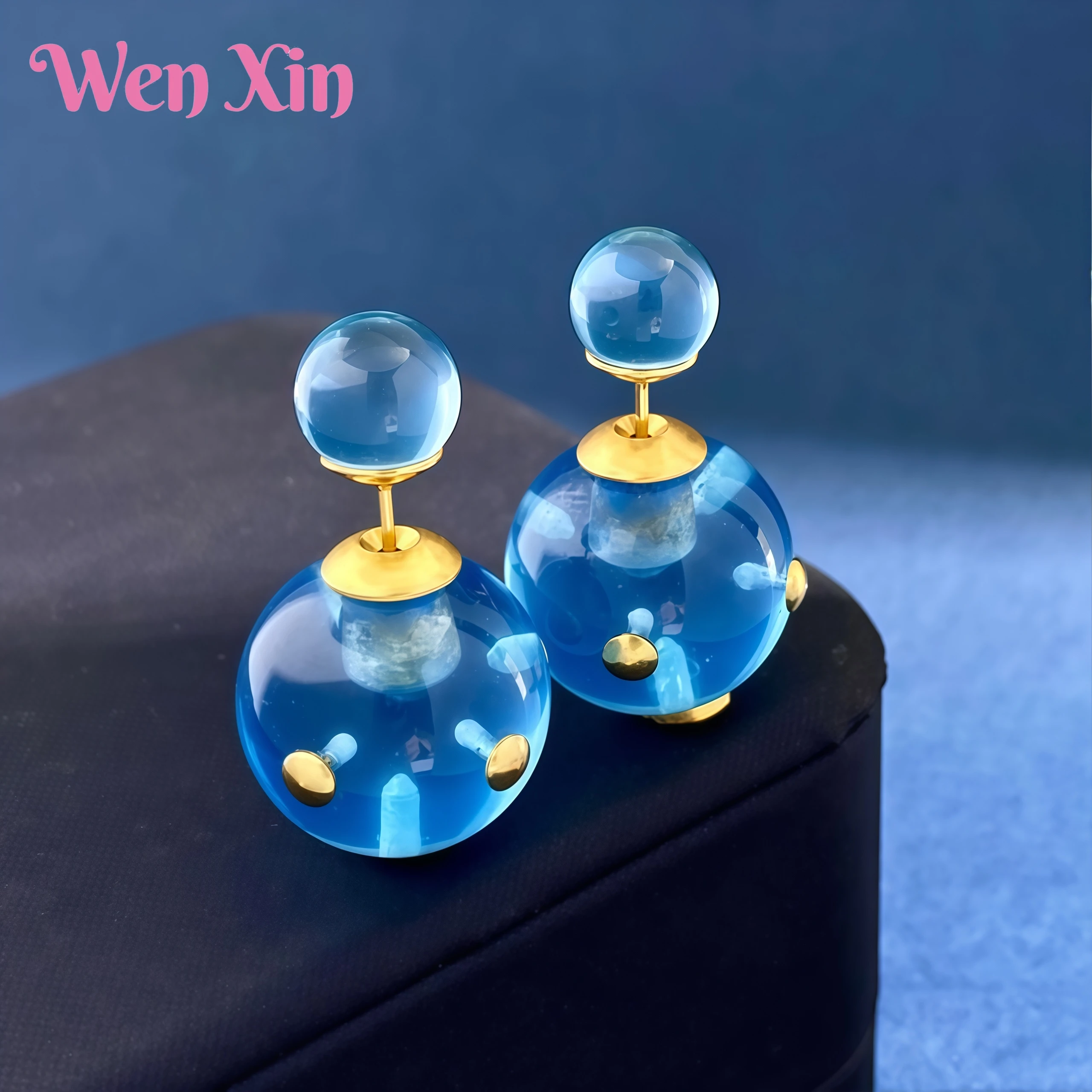 

WENXIN Brand MUSHAN MCT Temperament Transparent Jelly Earrings Letter Blue Earrings Female With Copper Gold Plated Jewelry