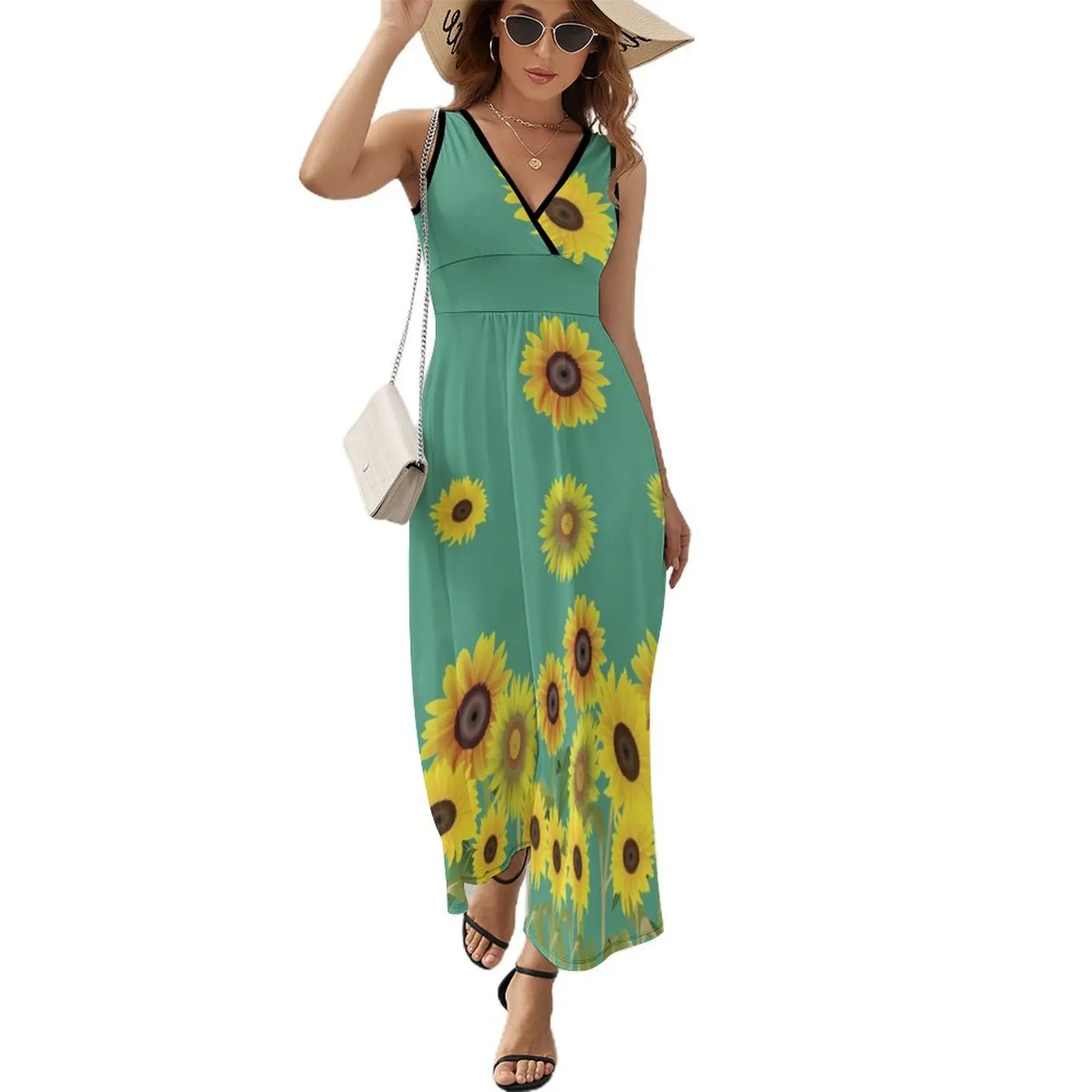 Vestido largo sin mangas con estampado de girasol para mujer, traje elegante de noche, 2024