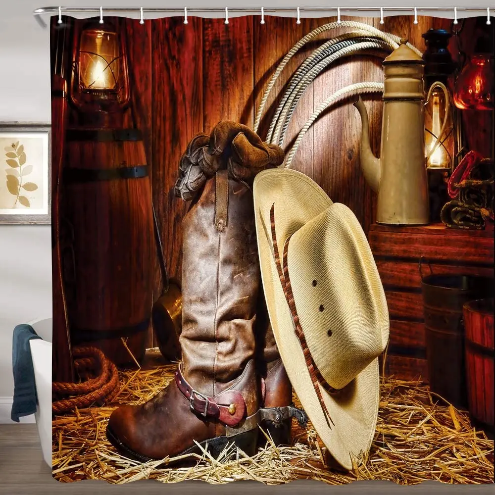 Western Farmhouse Barn Shower Curtain American West Rodeo Boots Antique Ranching Supplies Retro Art Bathroom Bath Curtains