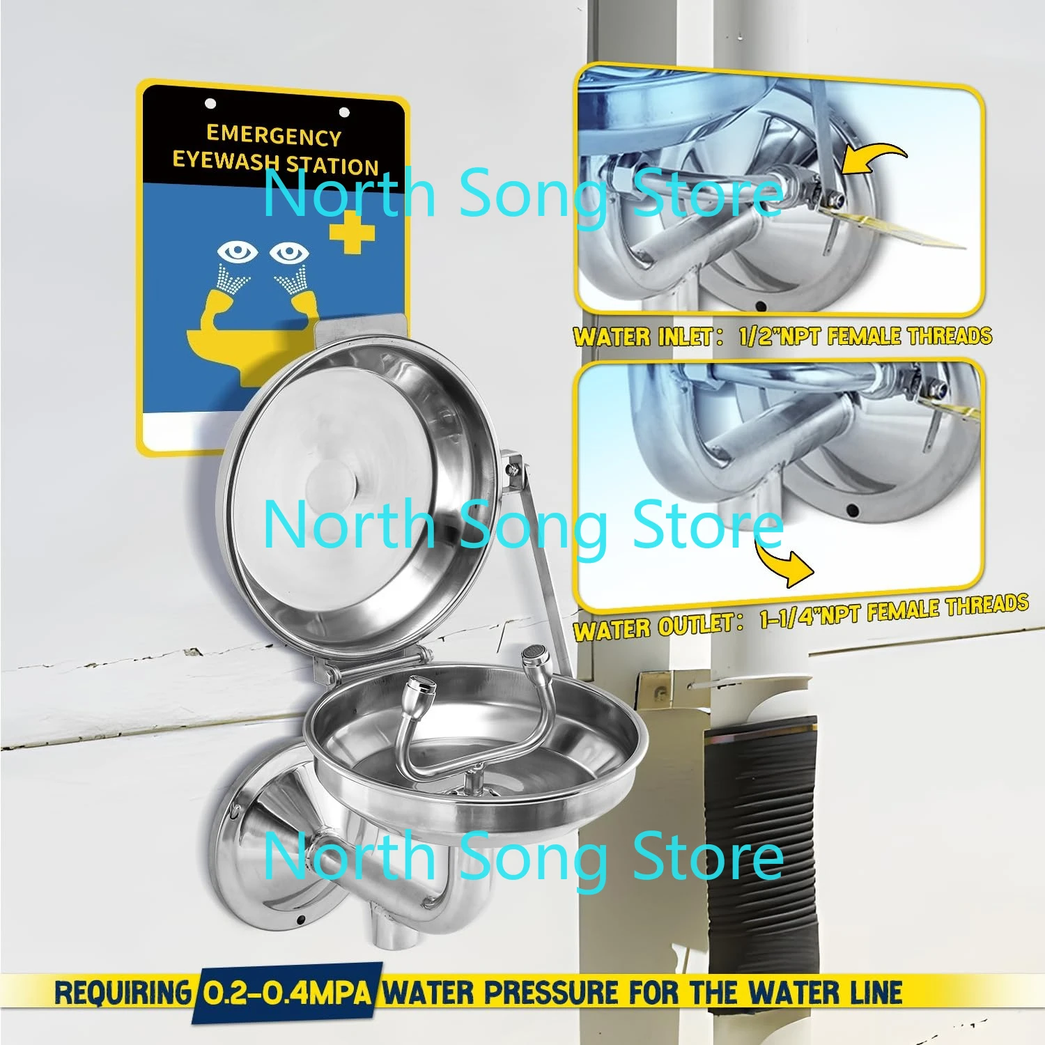 Eye Wash Station with Cover, Wall Mount Eyewash Station OSAH Approved, Stainless Steel Plumbing Eye Washing Unit view 4