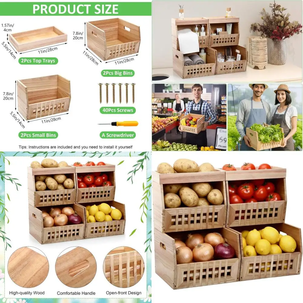 

Stackable 6-Piece Wooden Pantry Organizer Set with 4 Bins and 2 Lids for Kitchen, Fruits, and Vegetables Storage