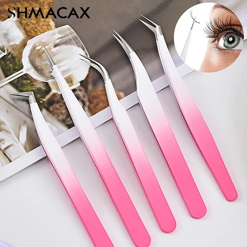 Eyelash Tweezers Extension Gradient Rose Red Stainless Steel Superhard Tweezers With Fiber Tips High Precision Ant-Static Tweez