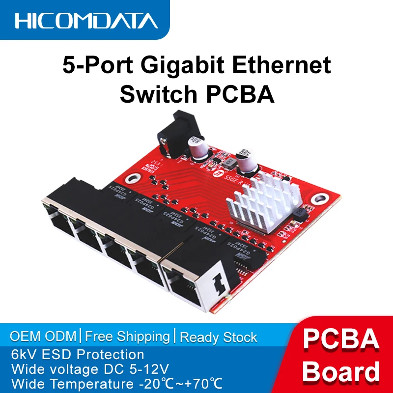 HICOMDATA 1/3/5/10 ชิ้นสวิตช์อีเธอร์เน็ตกิกะบิต 5 พอร์ต, บอร์ด PCBA, แรงดันไฟฟ้ากว้าง DC 5-12V, อุณหภูมิกว้าง -20 ℃ ~+70 ℃ 6kV ESD