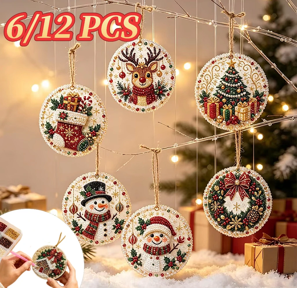 Coffret mosaïque diamant deluxe à diamants ronds solides cristal perle, décorations suspendues de Noël bricolage, étiquettes pendantes sapin Santa bonhomme de neige renne, décoration murale cadeau artisanal pour passio