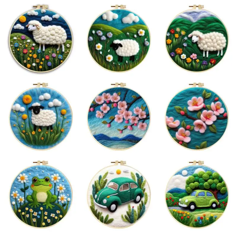 Flowers Sheep Wool Felt Painting Needle Felt Starter Kits Adults Diy Crafts Picture Frame Felt Cloth Needle Felt Home Decoration