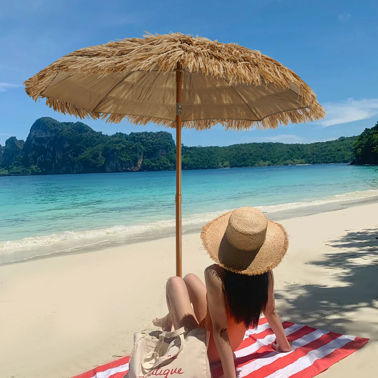 

1.6m Beach Umbrella, 360° Rotation Beach Umbrella, Simulated Straw Patio Umbrella for Outdoor, Patio Garden Beach Umbrella