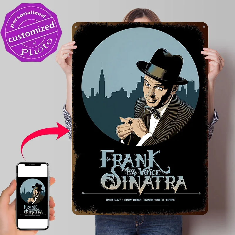 Frank Sinatra Portrait With New York Skyline Personalized 3D Textured Metal Poster Wall Art Tinplate Sign for Home Decor House
