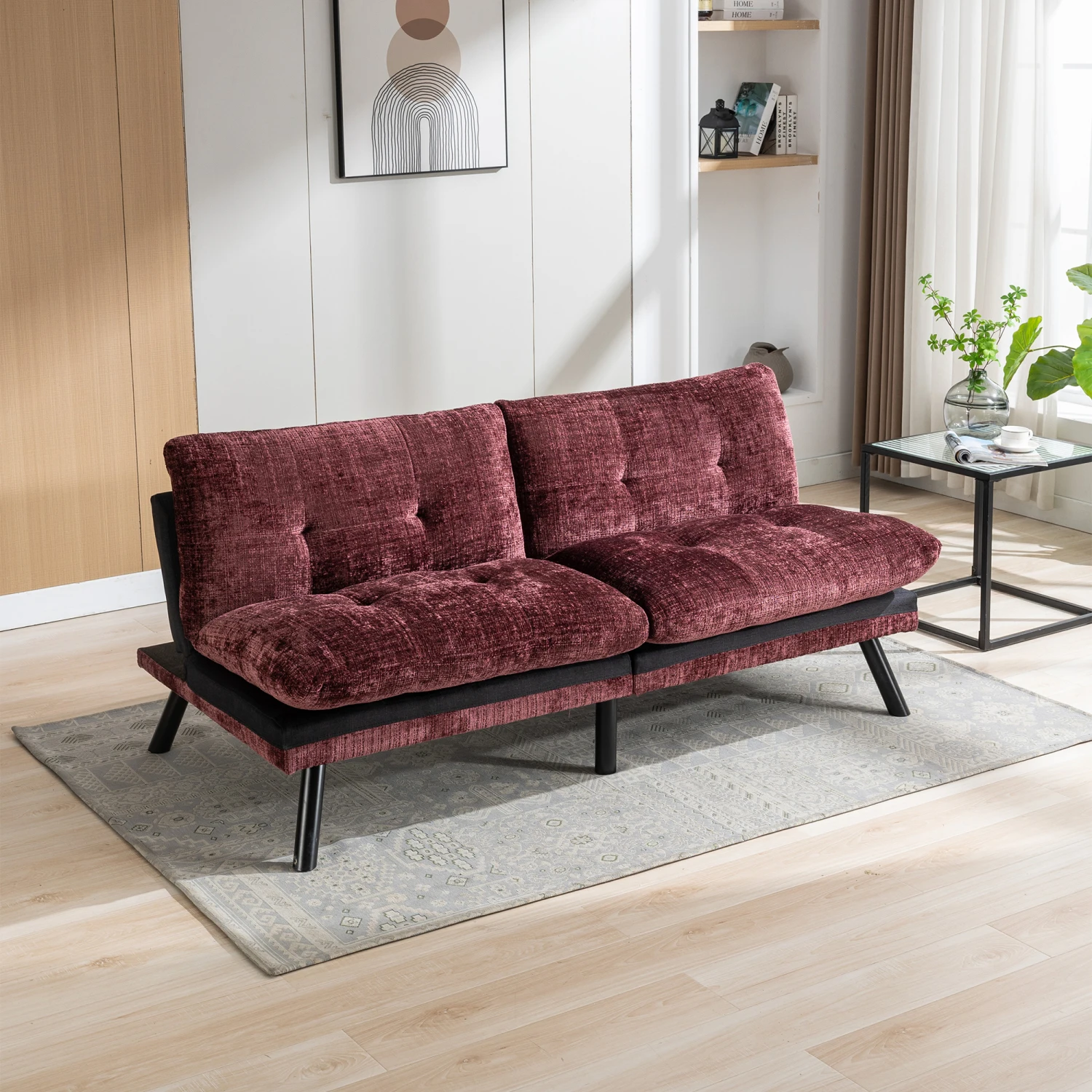 

Convertible Loveseat Futon Bed Chenille Lounge Couch Metal Legs, Compact Living Space Wine Red Futon Sets