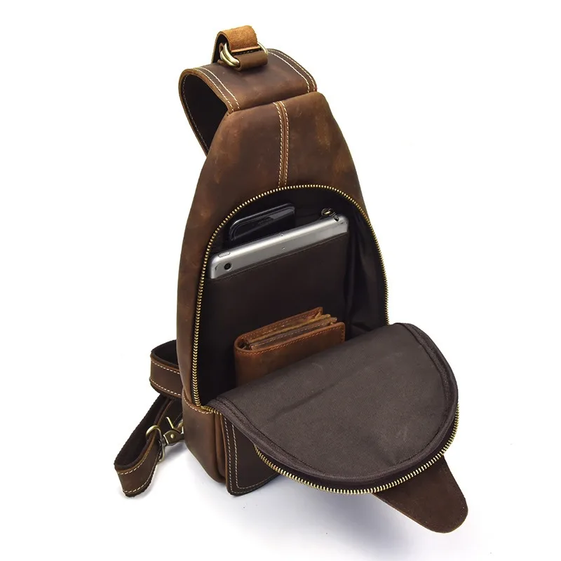 Nesitu High Quality Vintage Brown Top Grain Genuine Crazy Horse Leather Women Men Chest Messenger Bag Cowhide Phone Purse M9340
