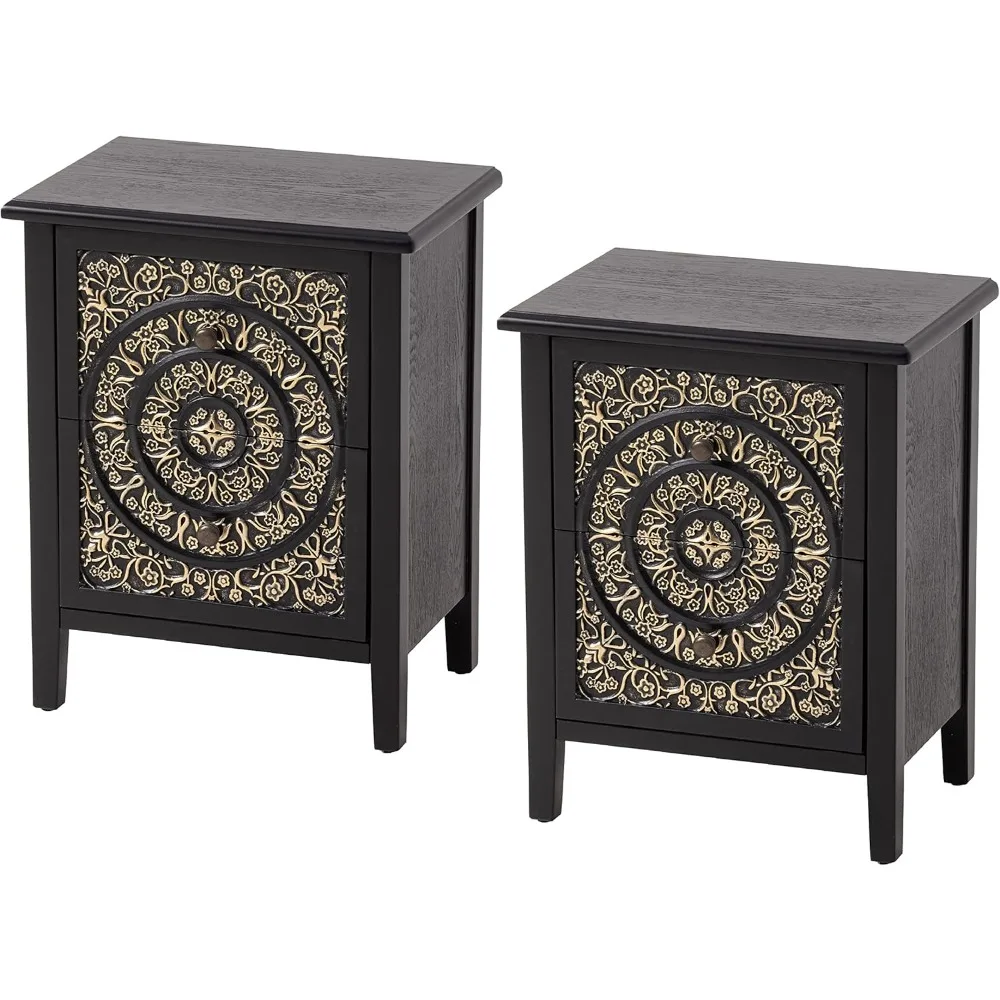 

2 Drawer Fully Assembled Floral Pattern Nightstand for Small Spaces French Country Style Modern Style Distressed Finish