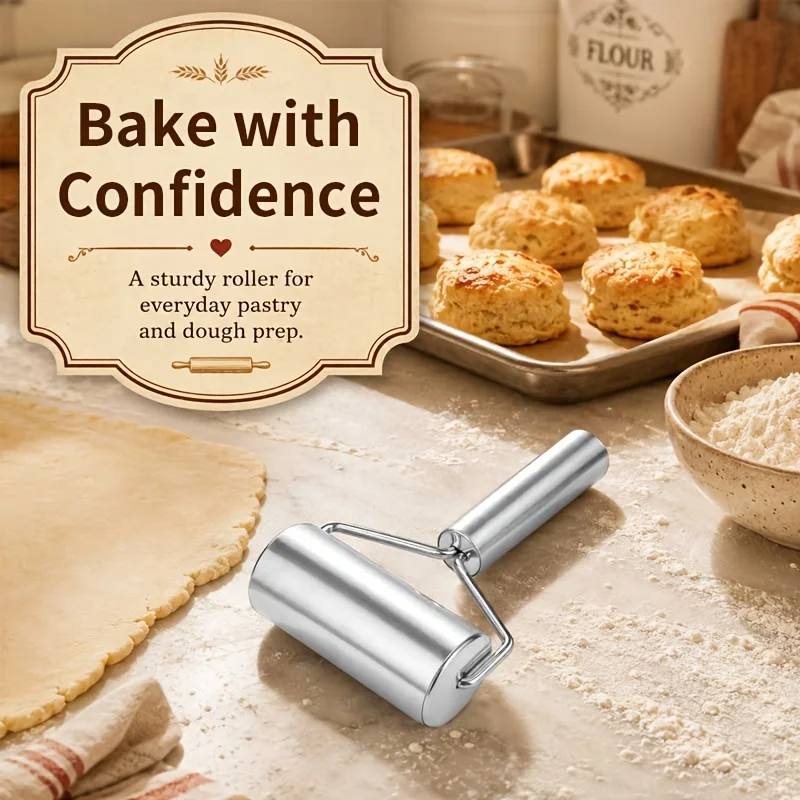 Stainless Steel T-Shaped Rolling Pin with Handle, Non-Stick Smooth Polished Surface Dough Roller, Easy to Clean