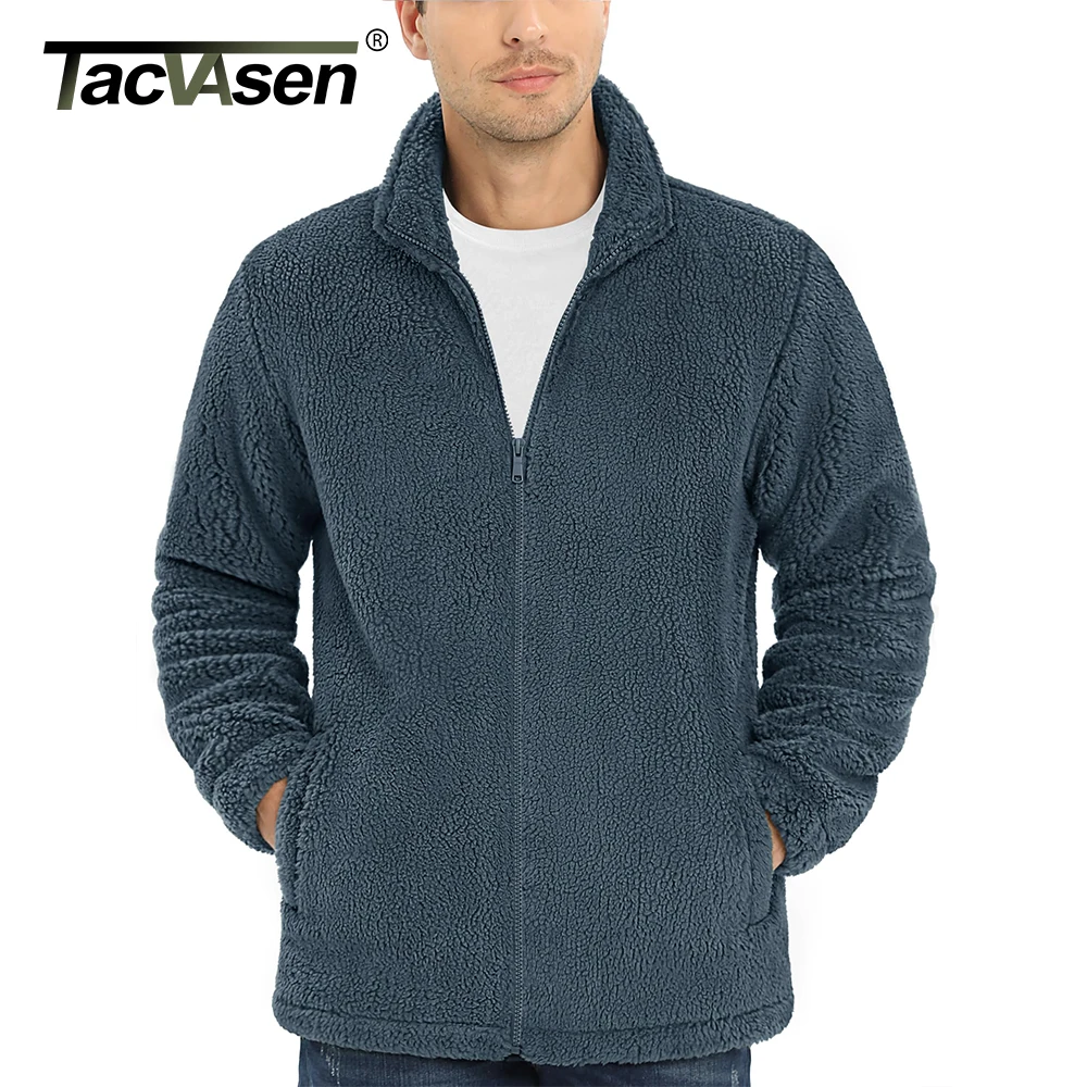 TACVASEN Men's Warm Fleece Jacket Stand Collar Full Zip Up Windproof Sherpa Casual Coat Heavy Winter Sweatshirt Outerwear