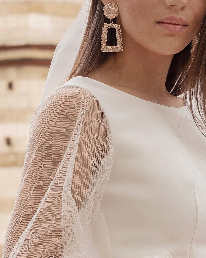 Vestidos de novia de manga larga con cuello redondo, traje de encaje hasta la rodilla, hecho A medida, color marfil, barato, 2024