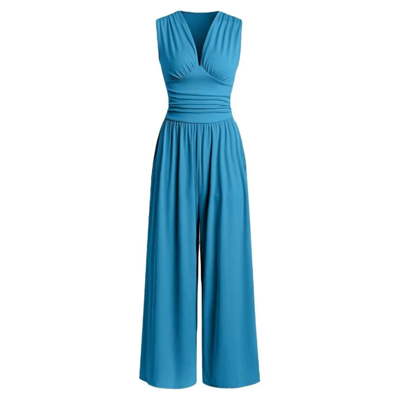 

2026 New Summer Jumpsuit Solid Color Sleeveless Waist Cinched Retro Commuting Elegant Temperament Fashion Comfortable Jumpsuit