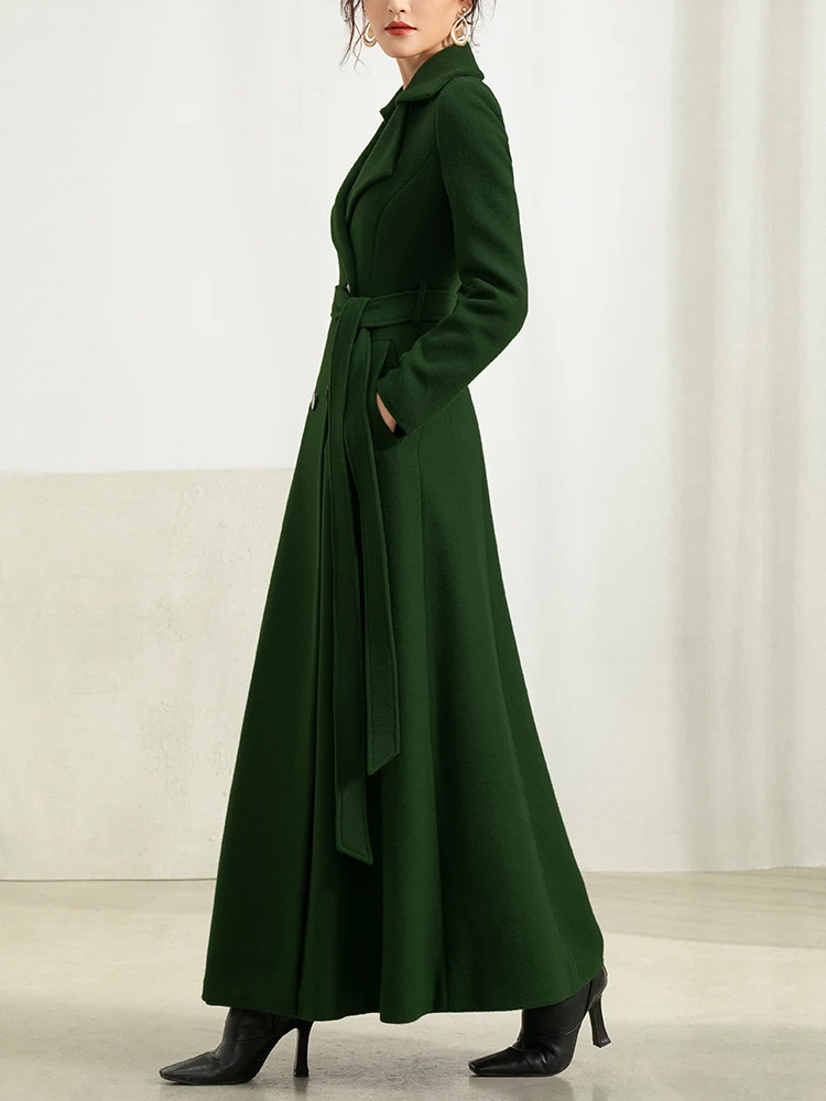 Pop Women Woolen Overcoat Spring Nice Elegant Fashion Green Suit Collar Solid Color All-match Thick Slim Long Wool Blends Coat