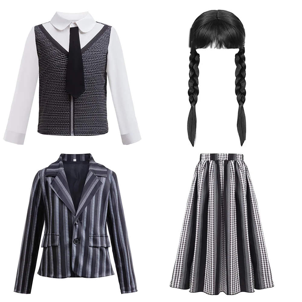 

Girls Striped Jacket Coat Pleated Skirt Set Dresses Wigs Girl School Uniform Child Black Family Costume Halloween Cos for Girl