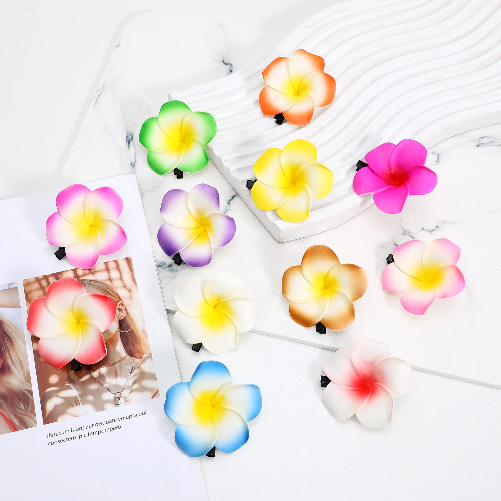 

12 Pcs Artificial Plumeria Clips 6cm Flower Headpiece for Women Bridal Luau Party Hawaiian Shirt Skirts Thin Hair Hair