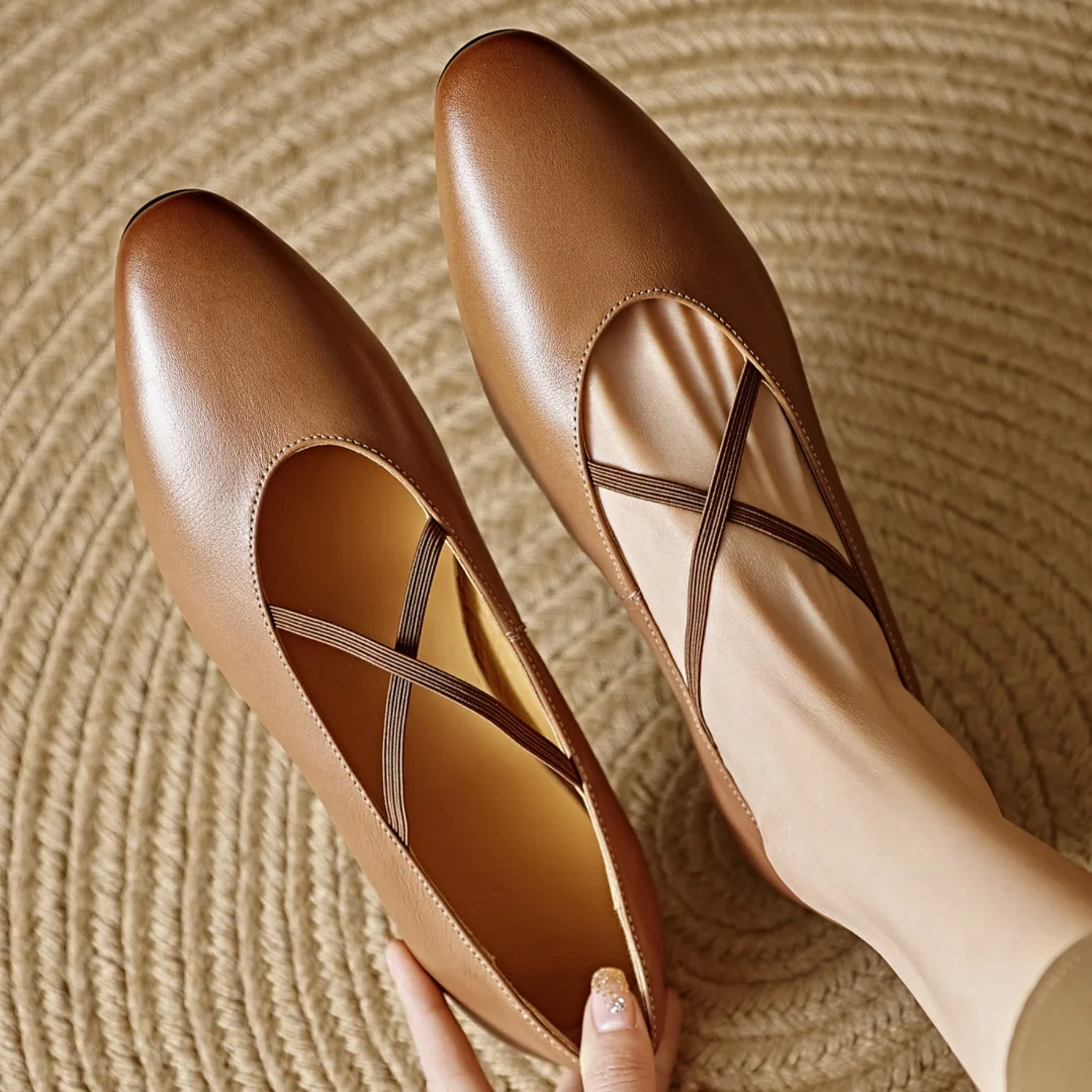 

Women's cow leather round toe elastic band cross strap slip-on ballet flats high quality soft comfort casual female slim shoes