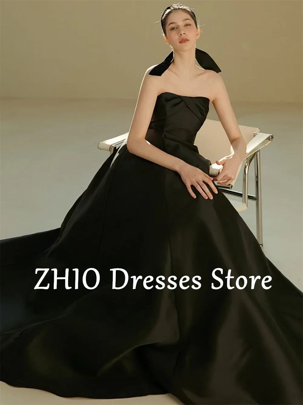ZHIO noir bretelles avec manches bouffantes robe coréenne séance photo robes de mariée en Satin personnalisé Corset/fermeture éclair dos fête moderne