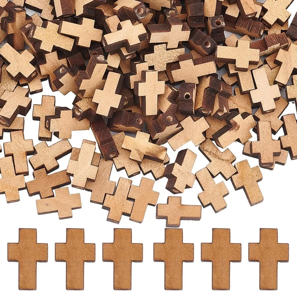 200Pcs Cross Beads Bulk Easter Wooden Cross Beads Wood Beaded Crosses Charm Natural Mini Tiny Cross Crucifix Charms making kit