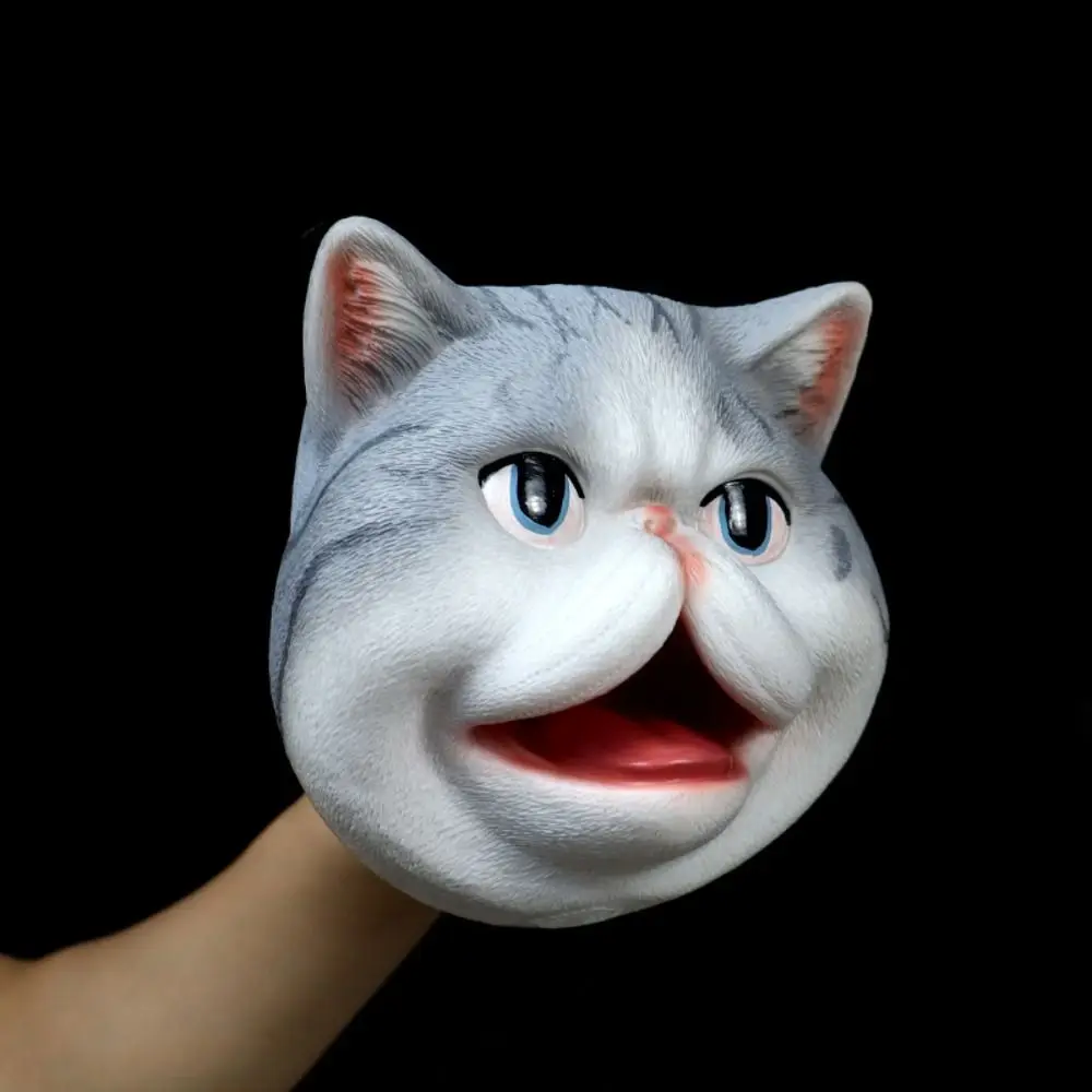 Vinyl Animal Head Hand Puppet Simulation Soft Cat Figure Toys Gloves Interactive Storytelling Pet Cat Head Model Toy