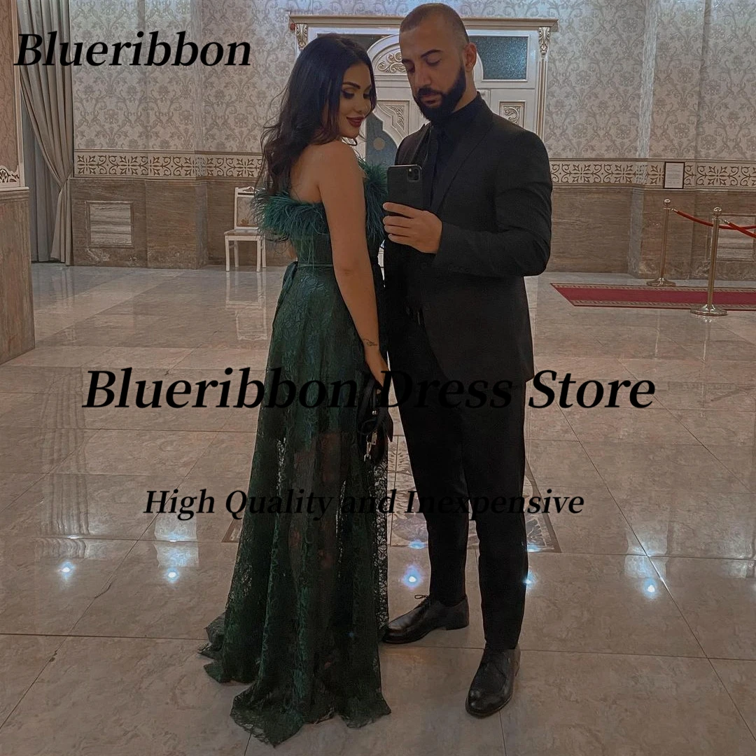 فساتين Blueribbon للحفلات الراقصة بدون حمالات للنساء ، دانتيل أخضر ، مثير ، ريش فاخر ، ملابس المشاهير ، حفلة عيد ميلاد ، سهرة ، مأدبة