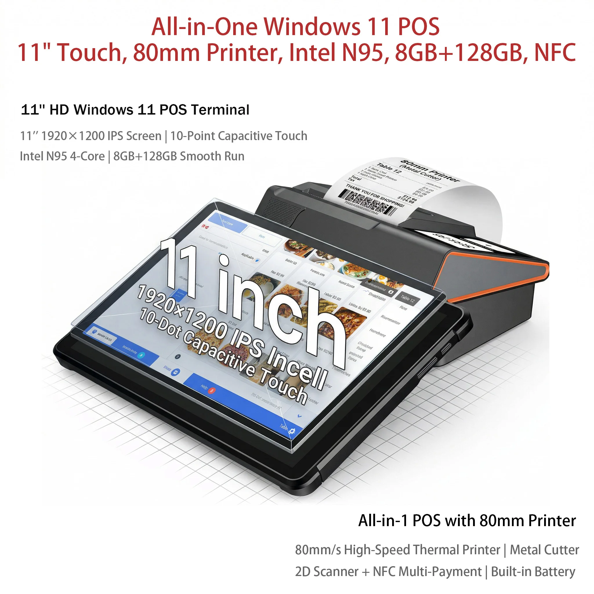 Intel N95 Window 11 POS Terminal 80mm Printer 8G+128G Memory Large Screen POS with Battery 2D Scanner WIFI6 BT Retails Cashier