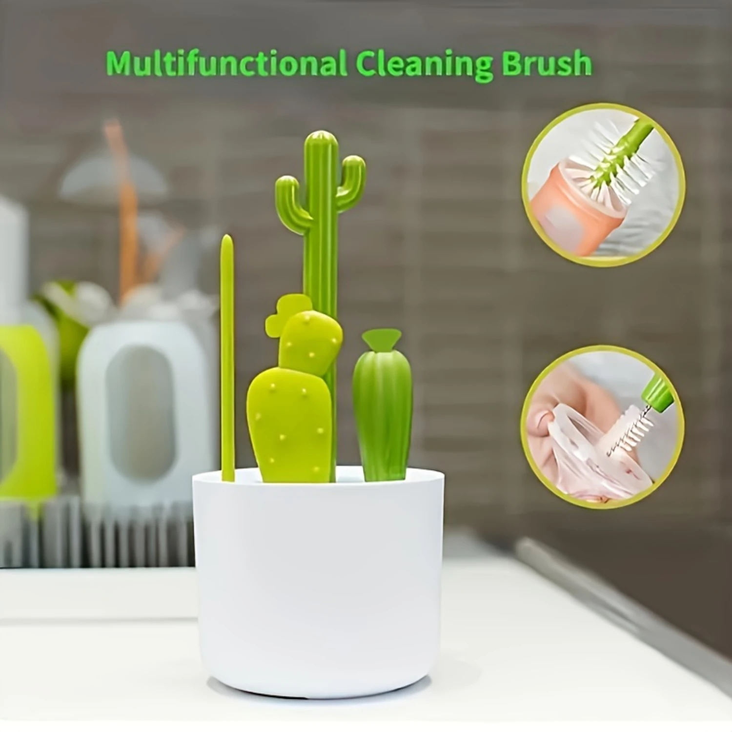 1set, Cactus Cleaning Brush Set - Multipurpose Kitchen Cleaning Brushes for Cups, Straws, Bottles - Stain Removal, No Dead Corne