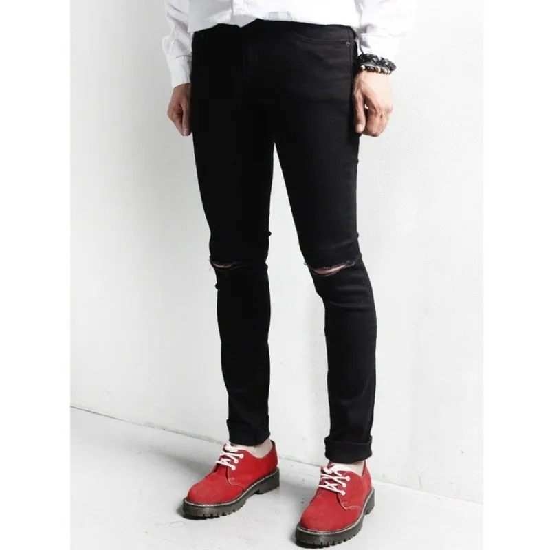 

Korean Plus Size Jeans For Men's Slim Pure Black Hole Nine-point Pencil Pants Streetwear Hombre Fashion Jogger Sweatpants Male