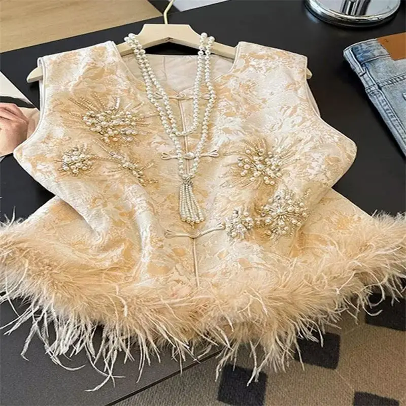 Women's Vest Apricot National Wind Ostrich Wool Embroidered Vest Jacket Womens Autumn and Winter Cotton new Vest to Wear Outside