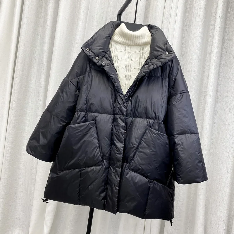 Neue Herbst-Winter-Damenjacke, Leichte Daunenjacke in Übergröße, Weißer Entendaunen-Mantel, Locker Geschnitten, Warm, Lässig, Dreiviertelärmel, Oberbekleidung