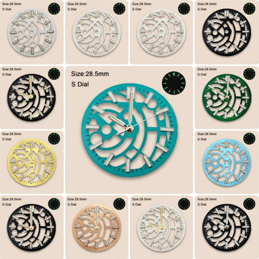 New 28.5mm S Logo Hollow Out Dial Suitable For NH70 NH72 Movement Green Luminous Watch Accessories Repair Tool