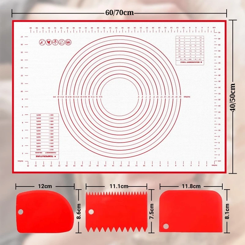 Food Grade Silicone Pastry Mat with Scale Non-Slip Non-Stick Kneading Mat 60x40/70x50cm with 3Pcs Dough Scraper