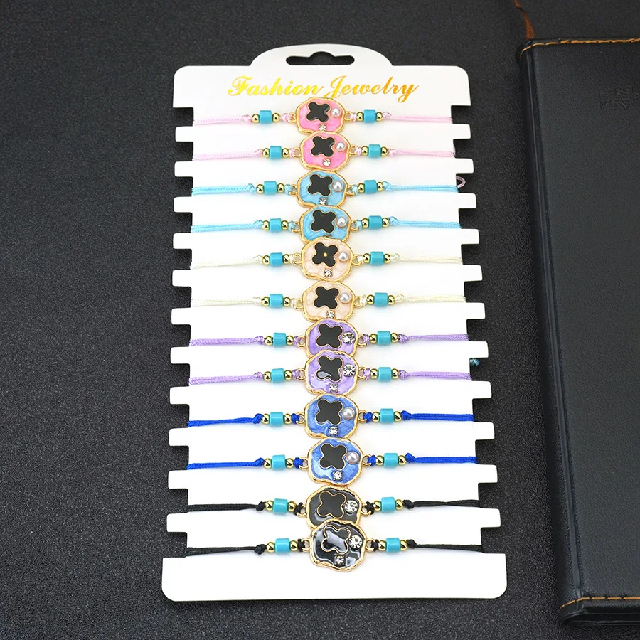 12 قطعة أساور الصداقة سحر زهرة قابل للتعديل حبل طقم مجوهرات حجر الراين بوهو محظوظ تميمة السائبة هدية بالجملة للنساء