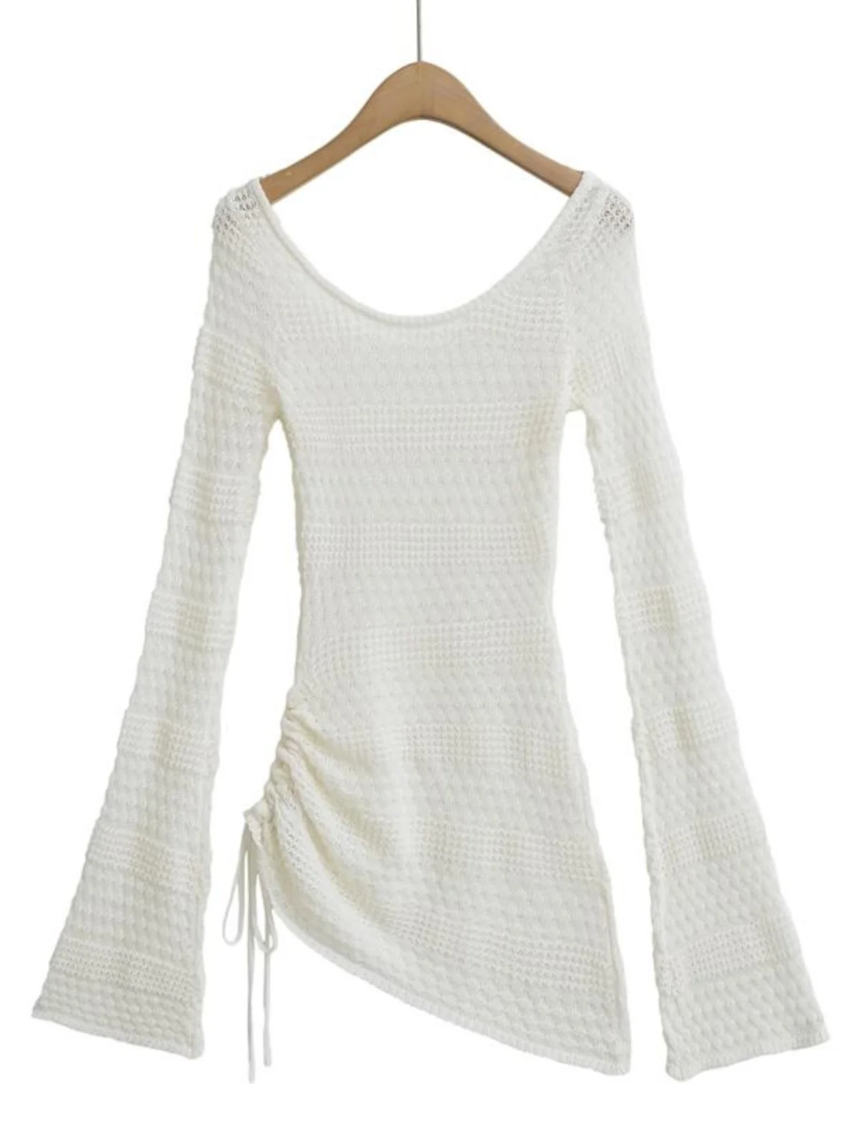 Ladies' White Lace Hollow Knitted Top with Bell Sleeves Comfortable Slimming Waist Drawstring Casual Style Fashionable