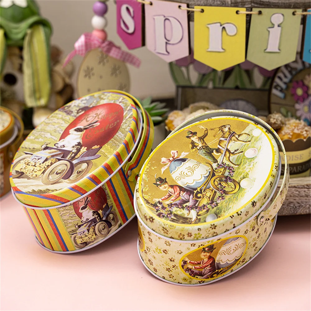 Easter Candy Box Oval Tinplate Box with Carrying Handle Bunny Egg Handheld Storage Box Children's Gift Biscuit Boxes Party Decor