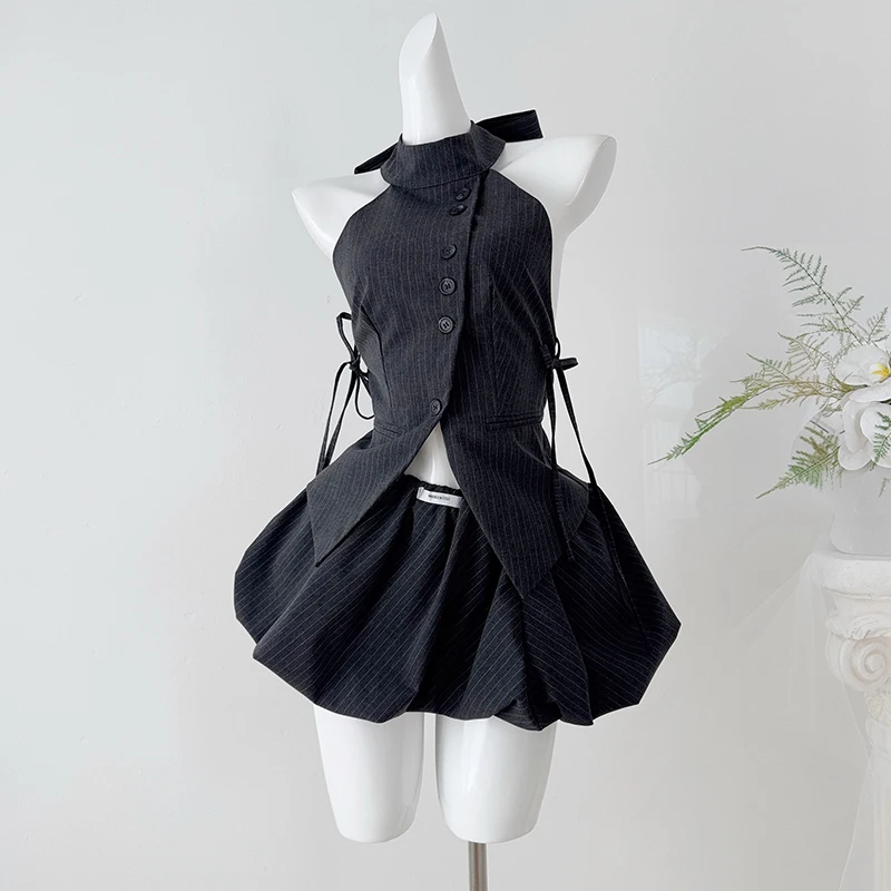 

Two-piece Skirt Sets Striped Suit with Halter Vest Summer Grey Cool Girls Fitted Outwerar Backless Vest Elast Waist Mini Skirt