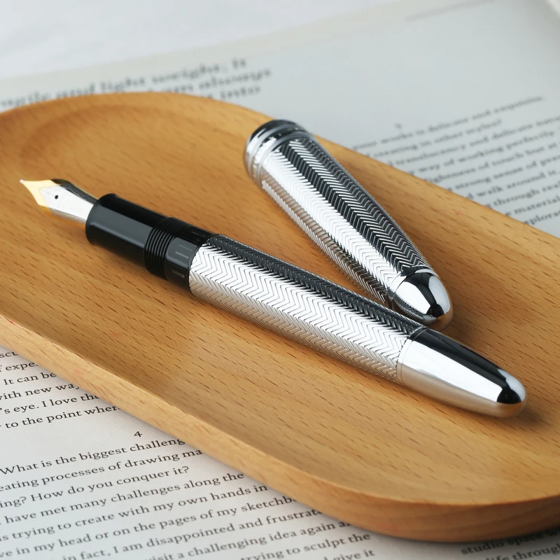MAJOHN P136 Luxury Silver / Black Brass Fountain Pen 0.5mm Nib Piston Fill Office Stationery Writing Ink Pen for birthday Gift